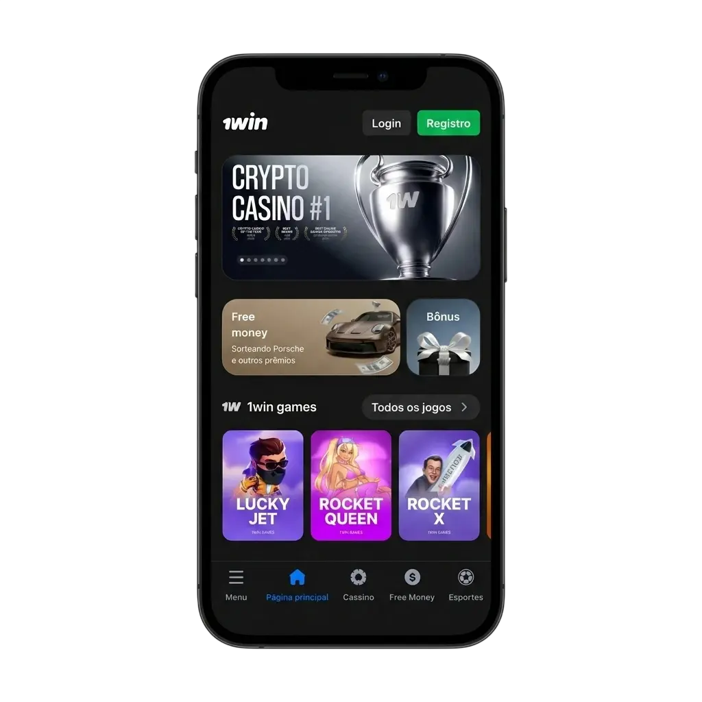 Tela do app 1win para Android e iOS com apostas esportivas, cassino e pagamentos via Pix e criptomoedas