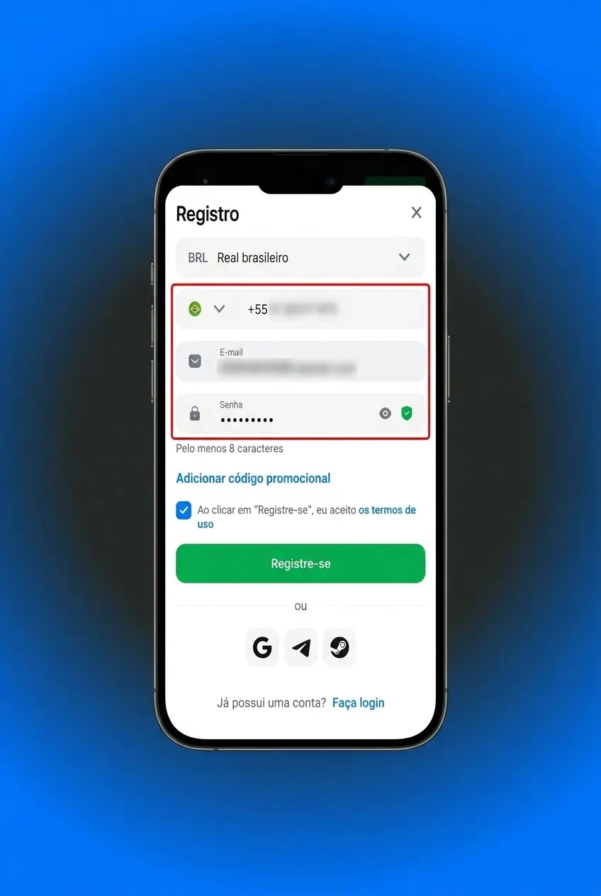 Cadastro pelo aplicativo 1win em smartphone mostrando tela de registro com opções de telefone e e-mail