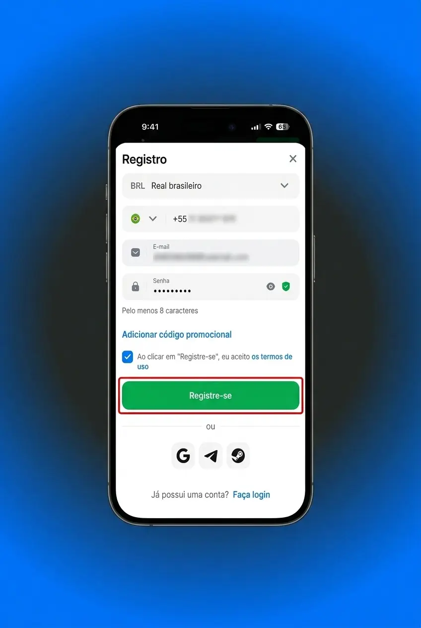Cadastro no aplicativo 1win em smartphone mostrando tela de registro com opções de e-mail e telefone